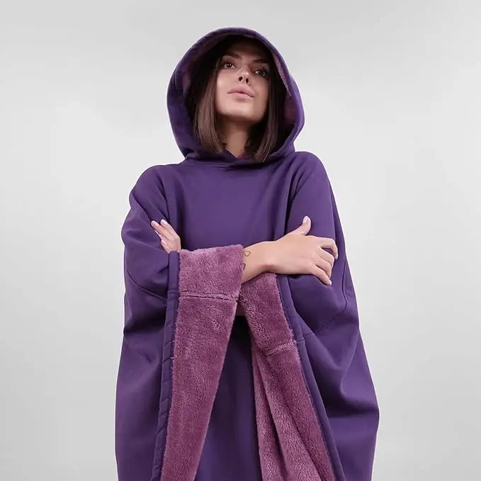 Oversized weighted hooded cape with super soft faux fur lining