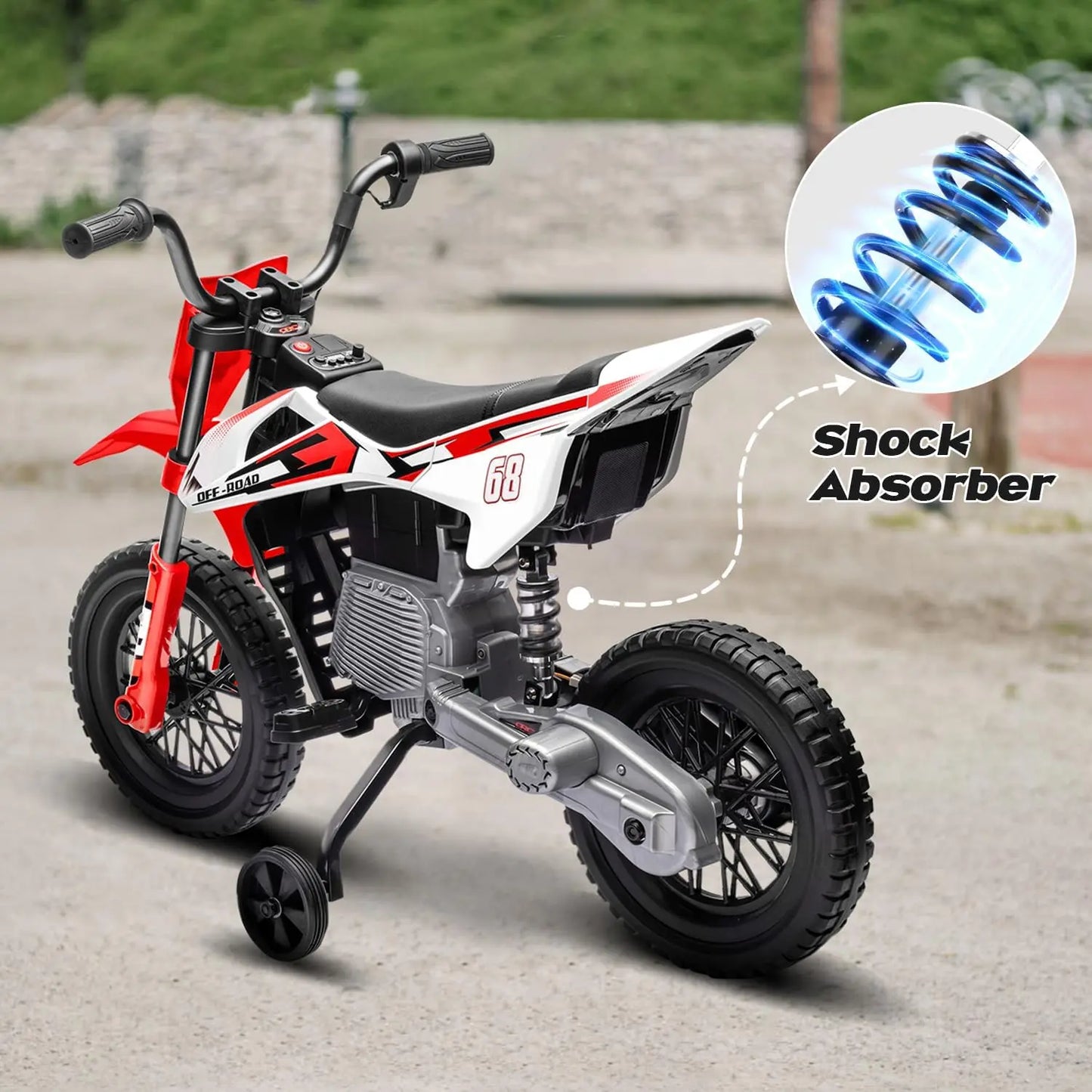 2V children's motorcycle with auxiliary wheels, music, Bluetooth and spring suspension