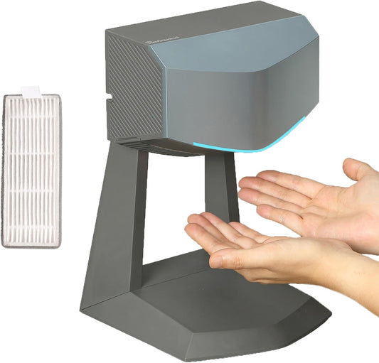 A hand dryer with an accessory stand and a HEPA filter