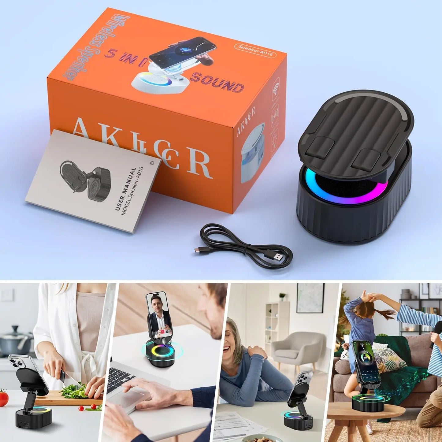 2025 Smart 4-in-1 Phone Stand — Induction Speaker, Power Bank & Ambient Light