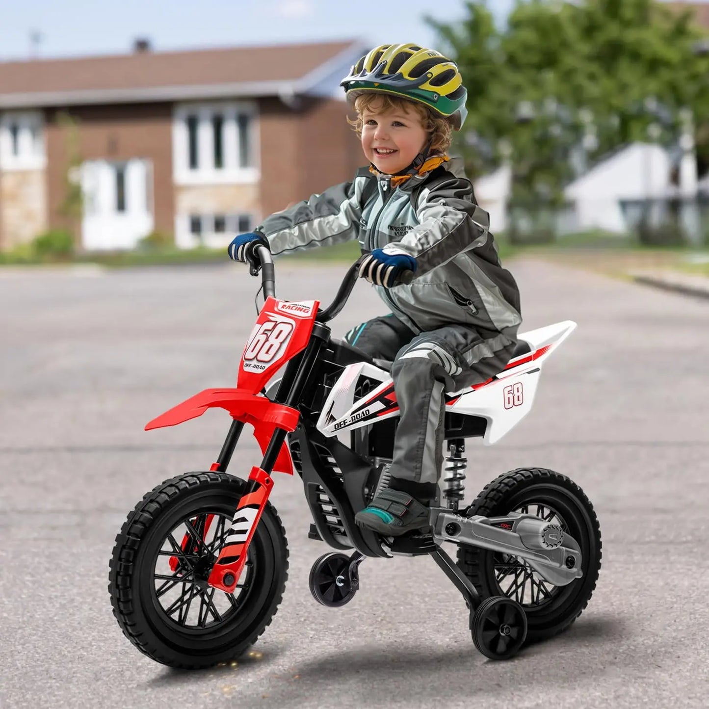 2V children's motorcycle with auxiliary wheels, music, Bluetooth and spring suspension