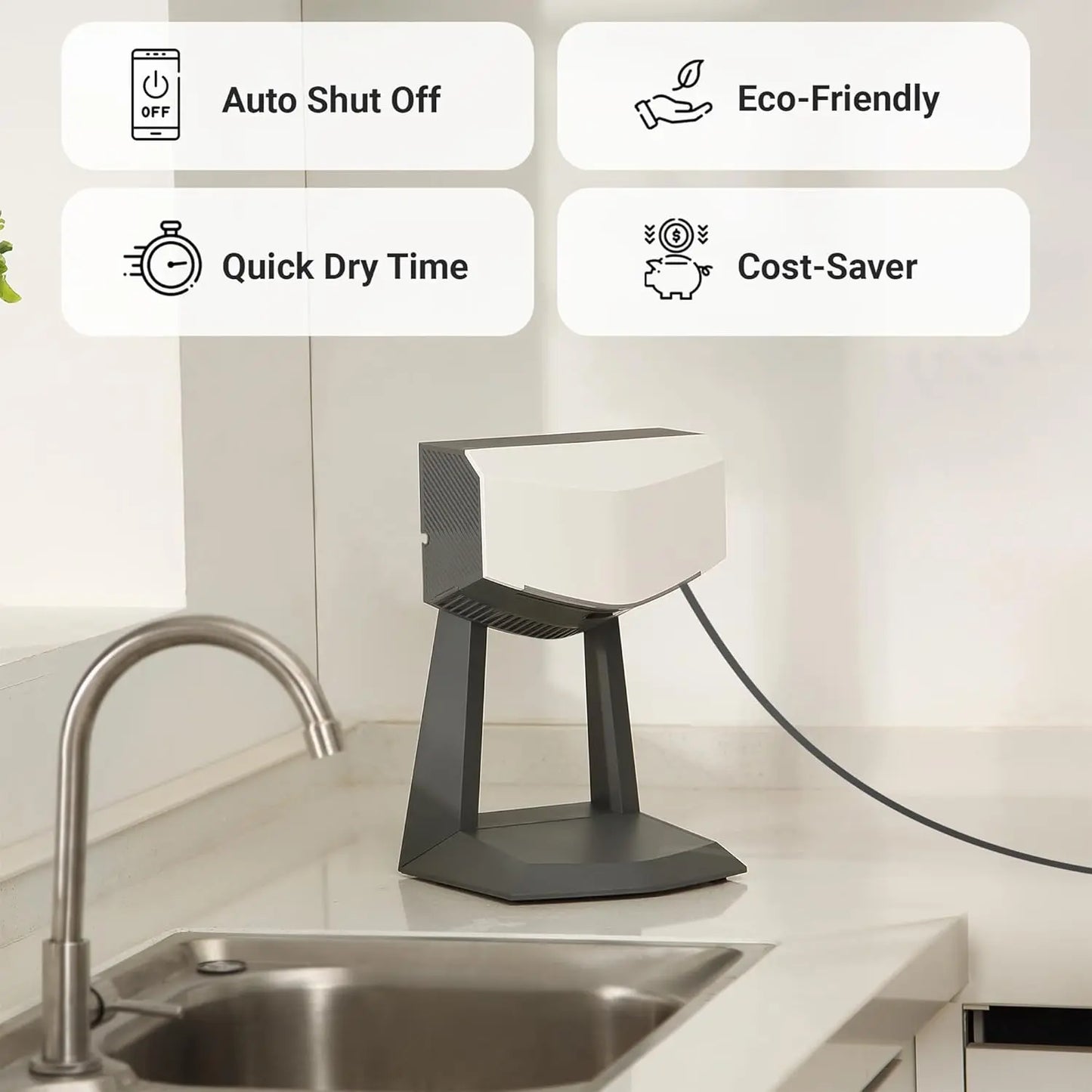 A hand dryer with an accessory stand and a HEPA filter