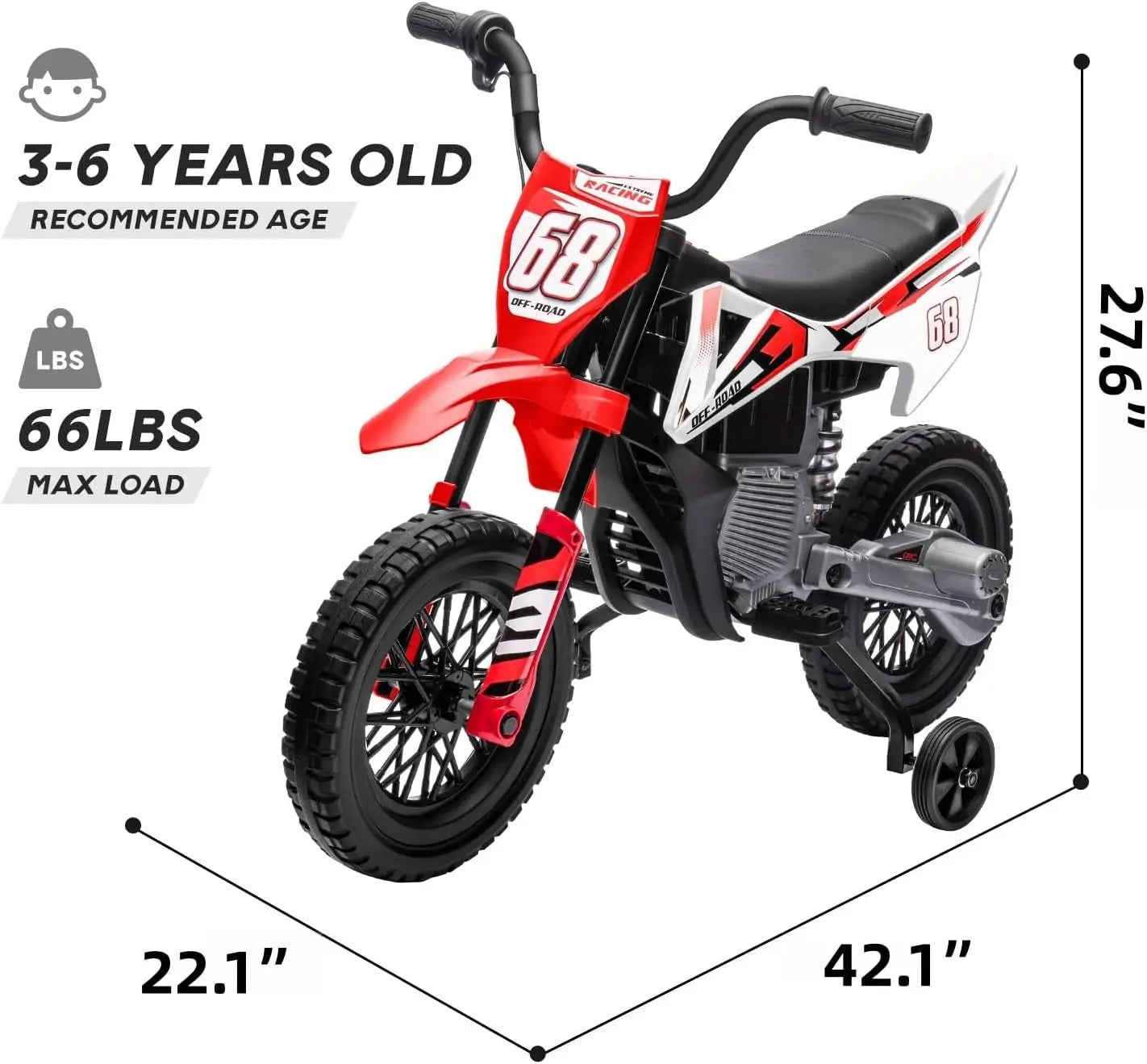 2V children's motorcycle with auxiliary wheels, music, Bluetooth and spring suspension
