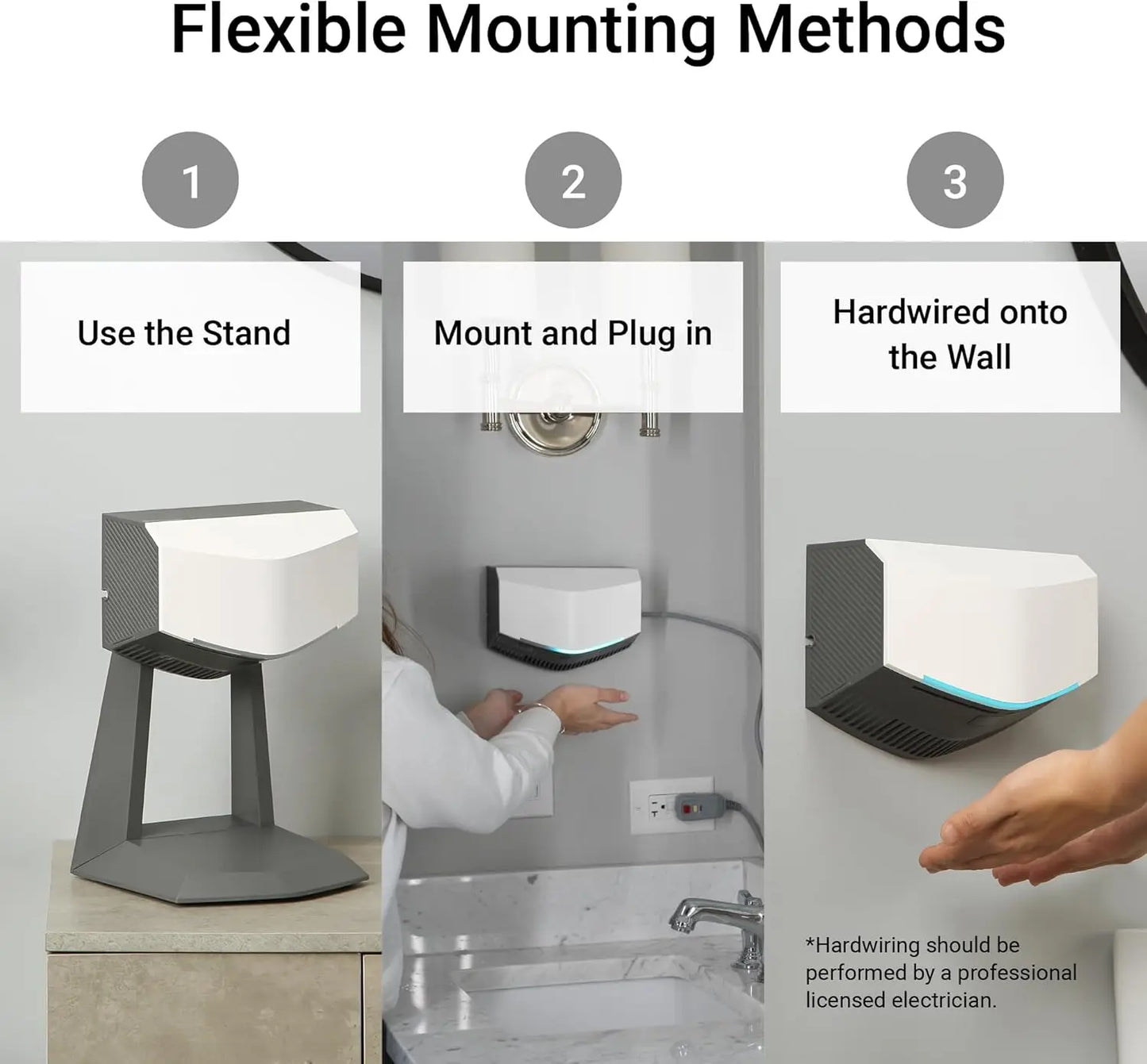 A hand dryer with an accessory stand and a HEPA filter