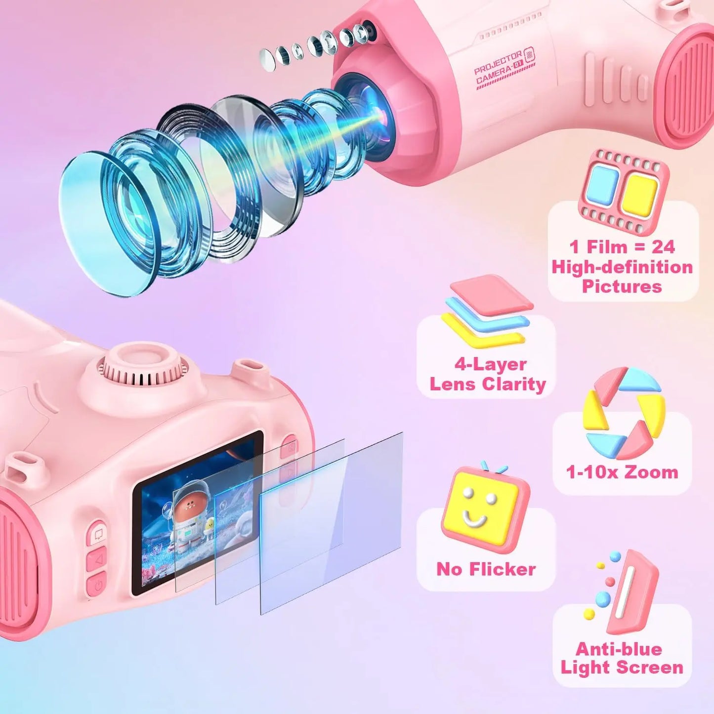 Children's Projection Camera, Large-Screen 1080P Video Selfie Camera (Includes Tripod)