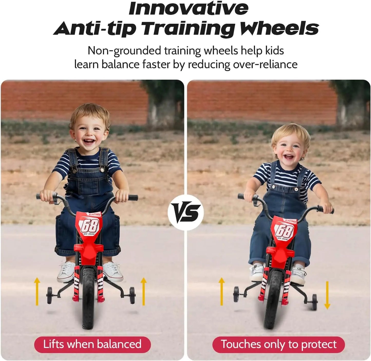 2V children's motorcycle with auxiliary wheels, music, Bluetooth and spring suspension