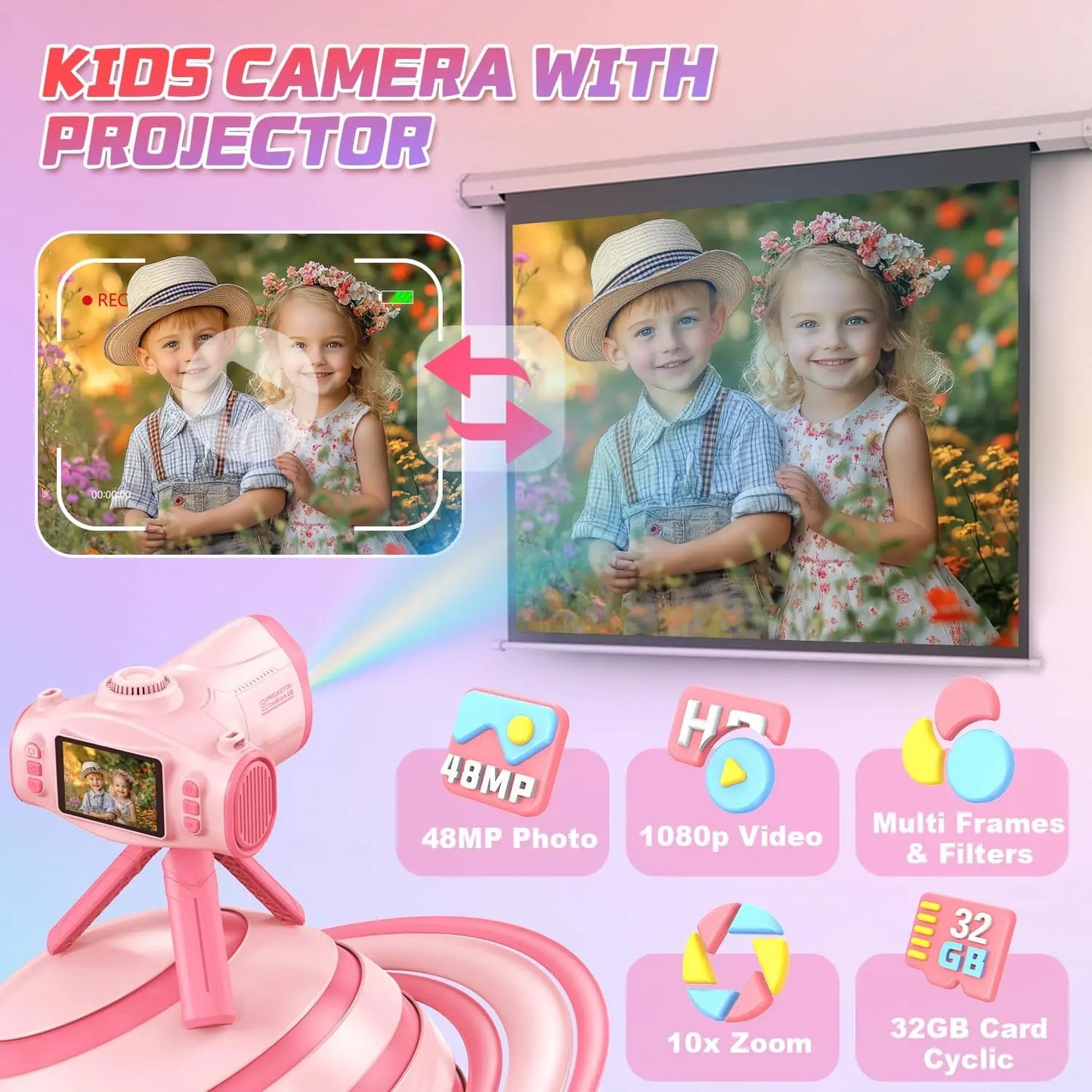Children's Projection Camera, Large-Screen 1080P Video Selfie Camera (Includes Tripod)