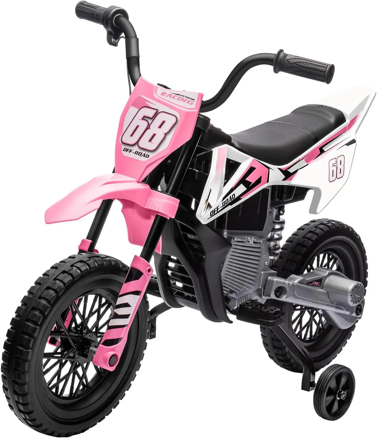 2V children's motorcycle with auxiliary wheels, music, Bluetooth and spring suspension