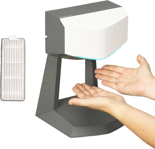 A hand dryer with an accessory stand and a HEPA filter