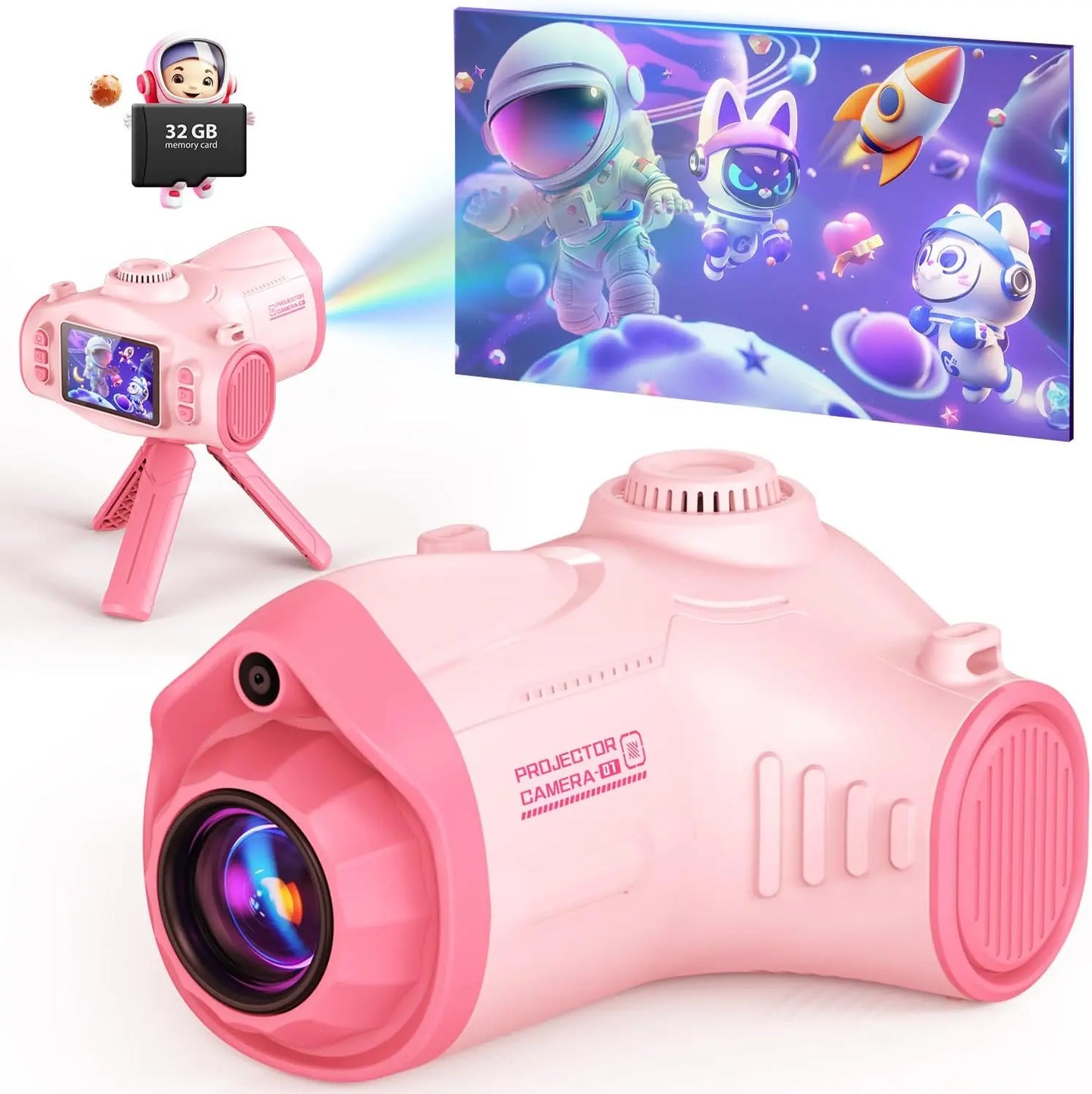 Children's Projection Camera, Large-Screen 1080P Video Selfie Camera (Includes Tripod)