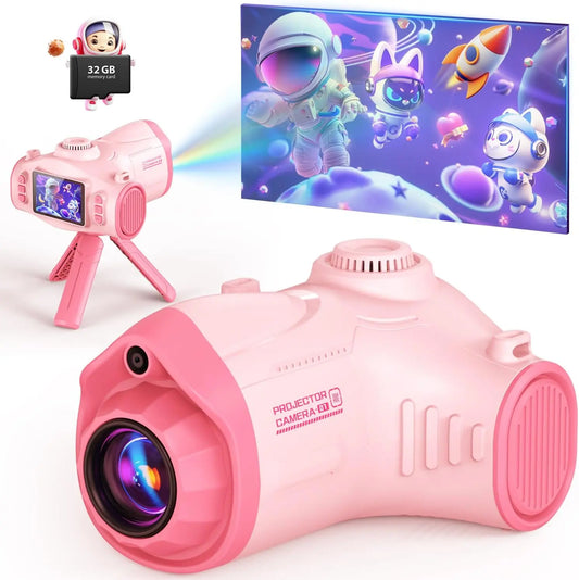 Children's Projection Camera, Large-Screen 1080P Video Selfie Camera (Includes Tripod)