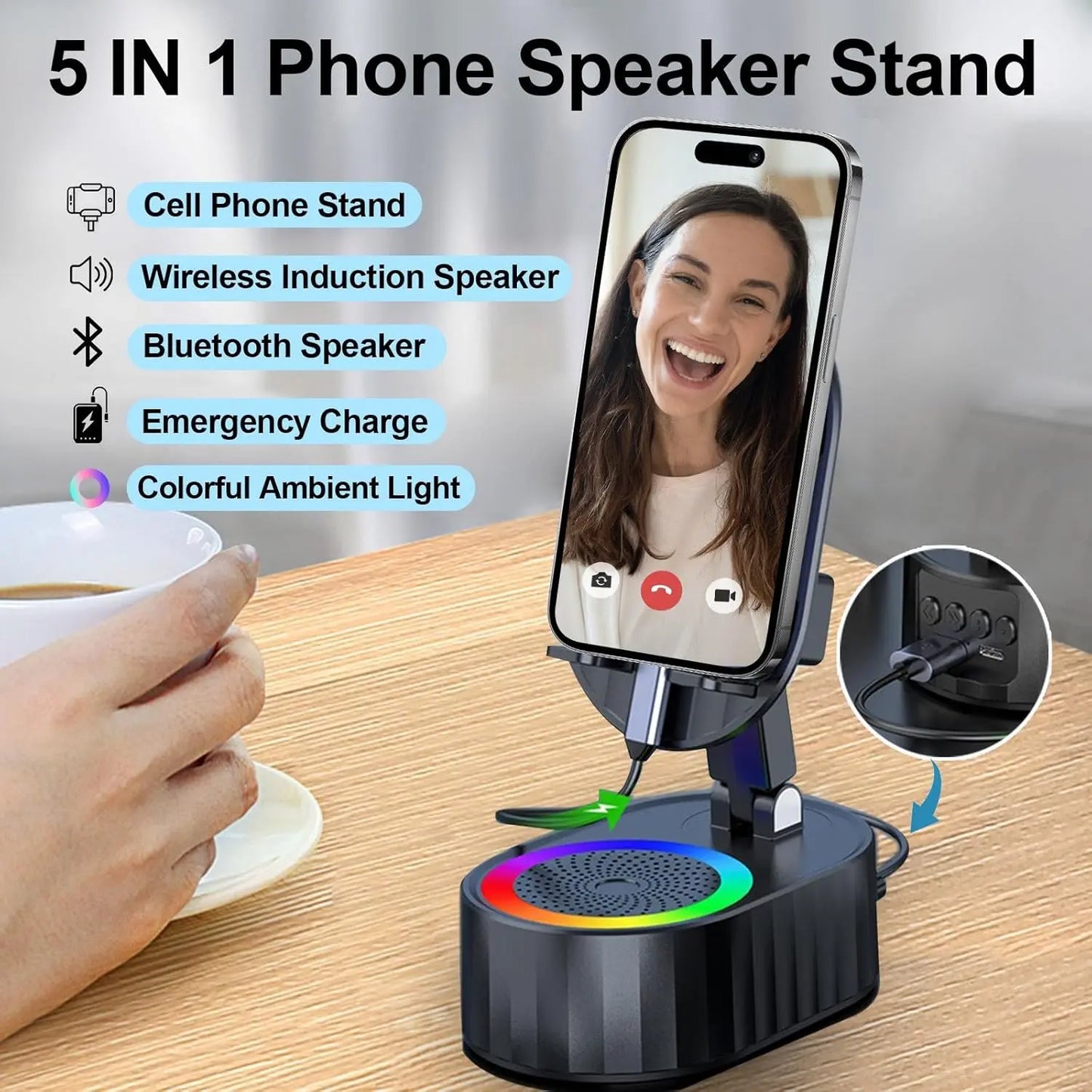 2025 Smart 4-in-1 Phone Stand — Induction Speaker, Power Bank & Ambient Light